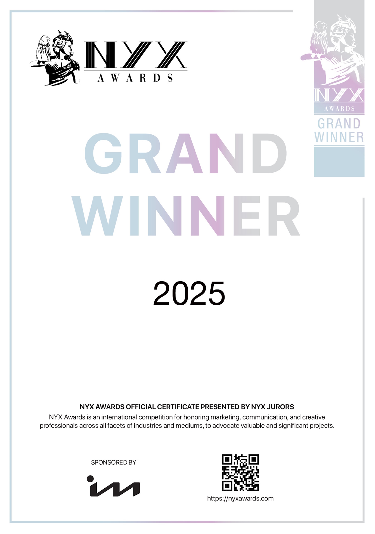 Winning Certificates for NYX Macrom Awards, NYX Video Awards